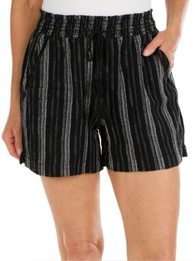 NWT Briggs New York Womens Black Gray Stripe Linen Blend Pull On Shorts Small